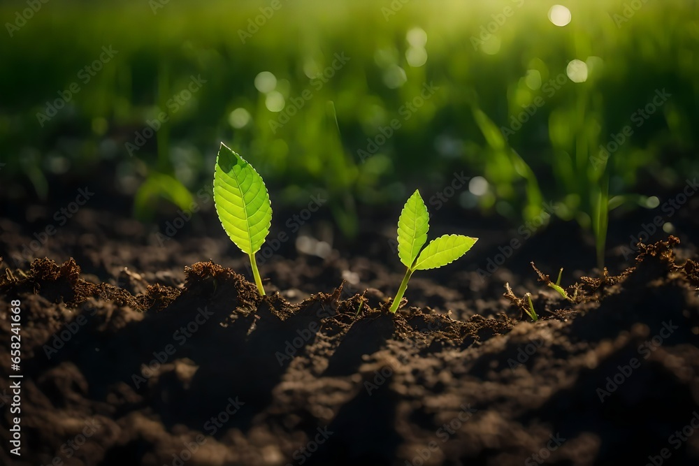 Poster a small seedling named sprout nestled in the soil of a vibrant meadow - ai generative