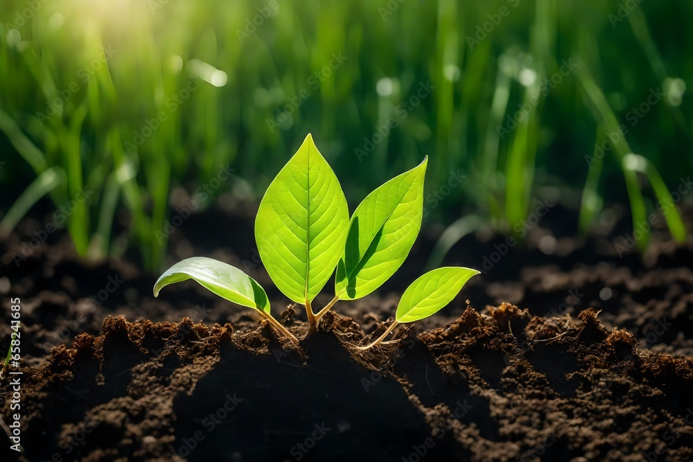 Poster a small seedling named sprout nestled in the soil of a vibrant meadow - ai generative