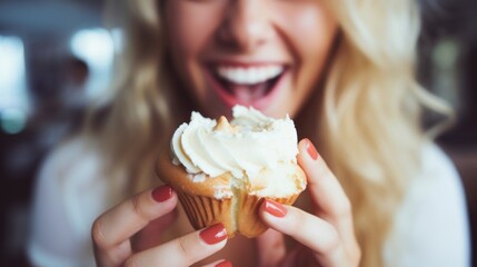 Young beautiful woman eating a cake with cream closeup - obrazy, fototapety, plakaty