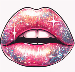 A red lips with carnival sparkly lipstick, on white background, AI generated