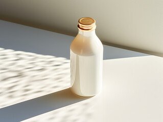 Close up of a milk bottle with a gold lid on a white table, light shadow, top view