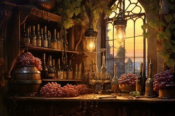 A scene with a wine bar, grapes, a glass, and bottles. Generative AI