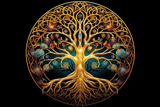 A detailed, ornate, and intricate plant motif pattern with a Celtic tree of life design. It features gold leafing, gradient watercolor effects, and contrasting colors. Generative AI