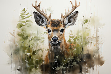 Watercolor deer background picture, picture used for decoration. - obrazy, fototapety, plakaty