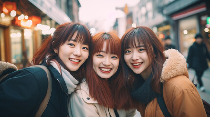 仲良し3人組の若い日本人女性が秋の京都を旅行している