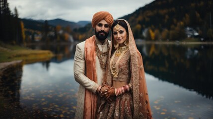 Sikh Indian Punjabi Bride and Groom in Traditional Orange and Ivory Wedding Attire Generative Ai - obrazy, fototapety, plakaty