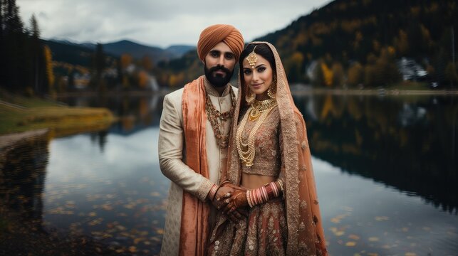 Sikh Indian Punjabi Bride and Groom in Traditional Orange and Ivory Wedding Attire 