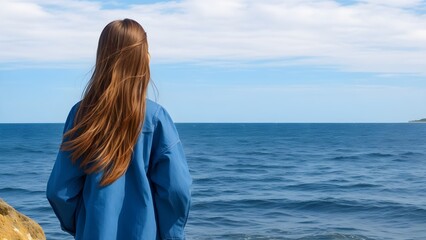 Fototapeta premium Woman on the Beach. Back View of Woman with Brown Hair Contemplating the Sea.