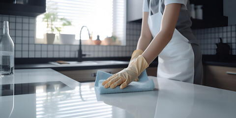 A person professionally cleans an apartment wearing gloves