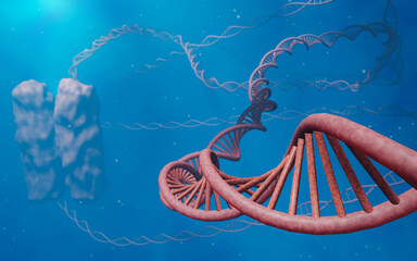 Strands of DNA or chromosomes shoot out from the nucleus. Conceptual images of science, technology, and development of medical treatment. 3D Rendering