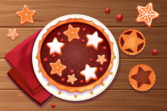 Christmas pie chocolate decorated with gingerbread srats and cranberry, mince pie top view on holiday plate on wooden table in cartoon style.