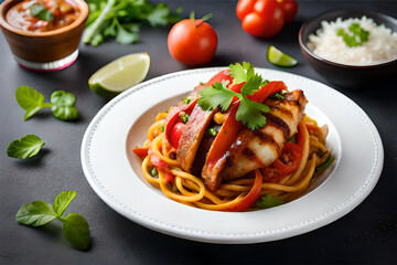 an artistic watercolor illustration of a chef preparing chicken fajitas with colorful bell peppers and onions | Generative AI