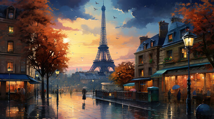Scenic view of shopping street in Paris with Eiffel tower in background during sunrise in landscape comic style. Digital illustration generative AI.