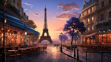 Scenic view of shopping street in Paris with Eiffel tower in background during sunrise in landscape comic style. Digital illustration generative AI.