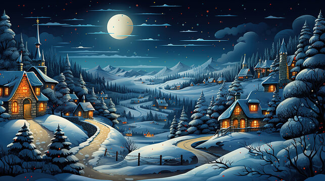 Scenic view of countryside christmas village on the hill and valley at night, snow,  during sunrise in landscape comic style. Digital illustration generative AI.