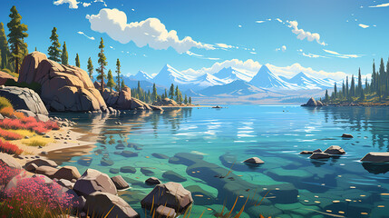 Scenic view of Lake Tahoe on a sunny day, Nevada, California, during sunrise or sunset in landscape comic style. Digital illustration generative AI.