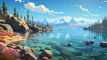 Poster Scenic view of Lake Tahoe on a sunny day, Nevada, California, during sunrise or sunset in landscape comic style. Digital illustration generative AI. © Tepsarit