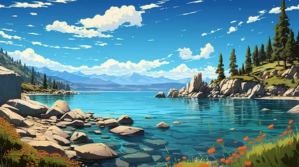 Tuinposter Scenic view of Lake Tahoe on a sunny day, Nevada, California, during sunrise or sunset in landscape comic style. Digital illustration generative AI. © Tepsarit