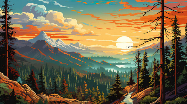 Scenic view of Giant Sequoias and Redwoods forest in Redwood National and State Parks, Washington, sunrise or sunset, in landscape comic style. Digital illustration generative AI.
