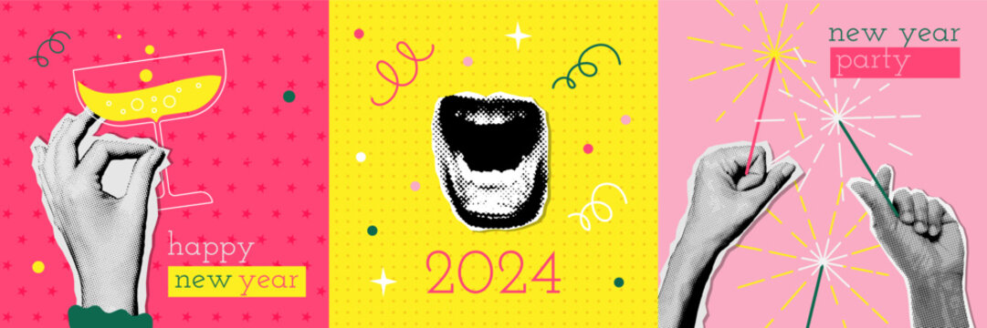 Happy new 2024 year party card and invitation set halftone design with yelling mouth and hands holding champagne and sparklers. Colorful collage style illustrations. Vector template for poster, banner