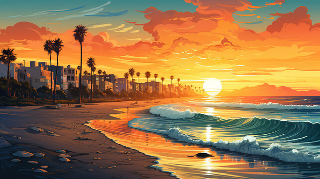 Scenic view of Venice Beach in California during sunrise or sunset, in landscape comic style. Digital illustration generative AI.