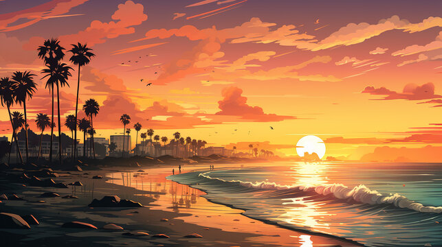 Scenic view of Venice Beach in California during sunrise or sunset, in landscape comic style. Digital illustration generative AI.