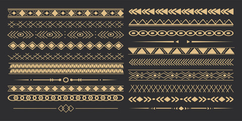 Set tribal golden ethnic arrow dividers, native indian bow boho in doodle style isolated on dark background. Collection borders, decoration elements - obrazy, fototapety, plakaty