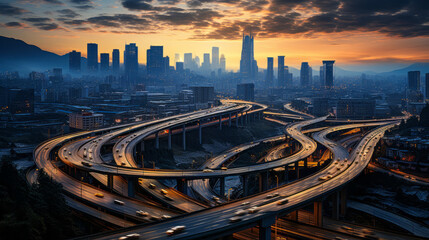 Breathtaking aerial sunset view of chaotic city intersection teeming with vehicles. - obrazy, fototapety, plakaty