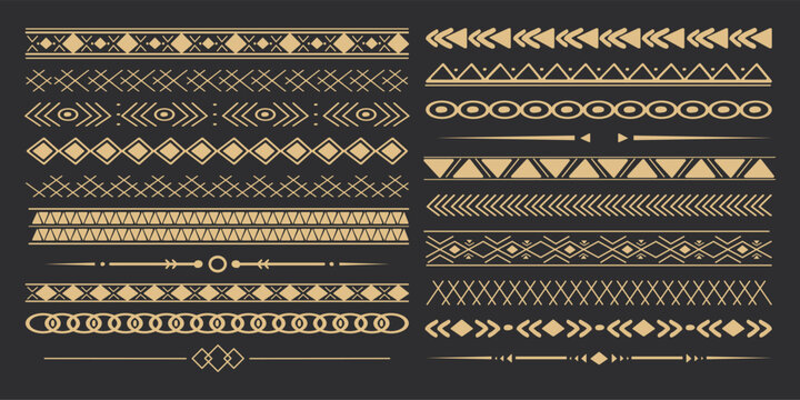 Set tribal golden ethnic arrow dividers, native indian bow boho in doodle style isolated on dark background. Collection borders, decoration elements