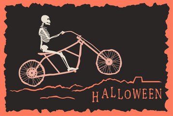 The skeleton rides by motorcycle frame on bad road to the Halloween.