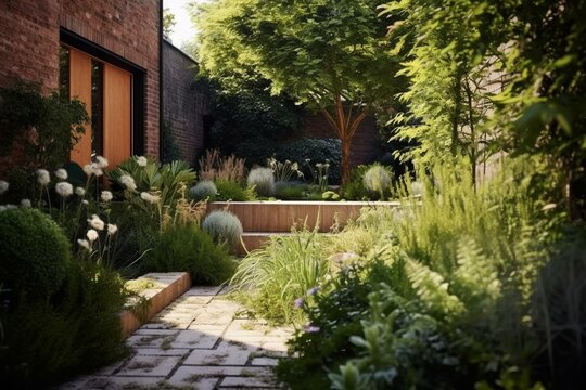 A garden with gravel and plants surrounded by brickwork walls. Generative AI