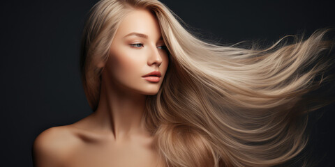 a beautiful woman blowing her long blonde hair on a grey background, concept of Beauty and hair care with keratin - obrazy, fototapety, plakaty