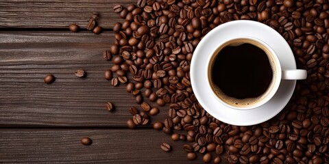 Savoring cup of espresso on wooden table. Morning coffee bean delight. Fresh aroma and ambiance. Vintage cafe vibes