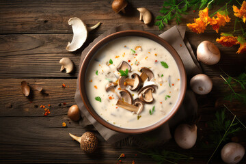 creamy mushroom soup on background. - obrazy, fototapety, plakaty