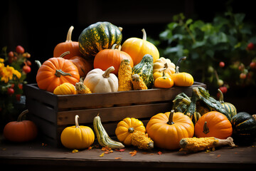 Harvested Pumpkins and Gourds. Variety of freshly harvested pumpkins and gourds arranged in a rustic wooden crate, showcasing the diversity of autumn produce