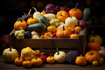 Harvested Pumpkins and Gourds. Variety of freshly harvested pumpkins and gourds arranged in a rustic wooden crate, showcasing the diversity of autumn produce