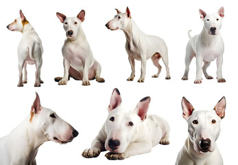 Bull Terrier dog puppy, many angles and view portrait side back head shot isolated on transparent background cutout, PNG file	
