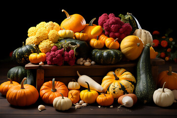Harvested Pumpkins and Gourds. Variety of freshly harvested pumpkins and gourds arranged in a rustic wooden crate, showcasing the diversity of autumn produce