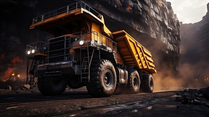 Large quarry dump truck. Big yellow mining truck at work site. Loading coal into body truck. Production useful minerals.