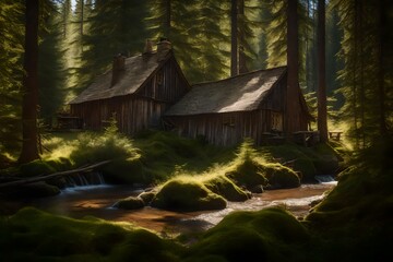A rustic home tucked away in a sunny wooded clearing, with a nearby trickling stream.