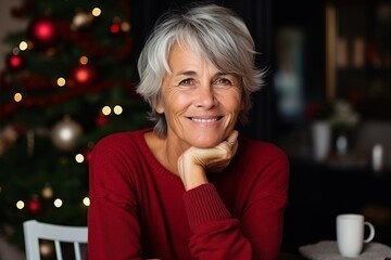 Portrait of happy senior woman sitting at home with Christmas tree in background