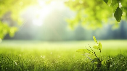 Obraz premium Spring summer background with frame of grass and leaves on nature. Juicy lush green grass on meadow in morning sunny light outdoors, copy space, soft focus, defocus background.