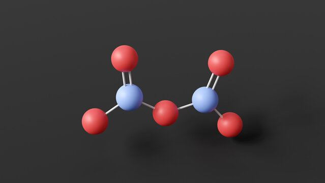 dinitrogen pentoxide molecule, molecular structure, binary nitrogen oxides, ball and stick 3d model, structural chemical formula with colored atoms