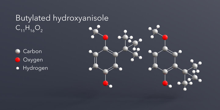 butylated hydroxyanisole molecule 3d rendering, flat molecular structure with chemical formula and atoms color coding