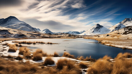 lac et rivière d'altitude en haute montagne à la fonte des neige - obrazy, fototapety, plakaty