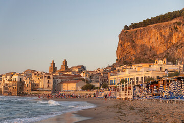 View of Cefalù, the city, the cathedral and its castle. Panorama seen from above of the whole...