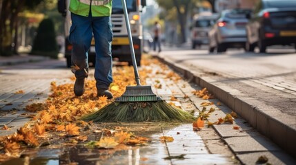 The Municipal Worker's Dedication to Clean Streets. Generative AI - obrazy, fototapety, plakaty