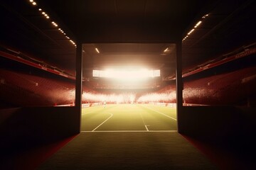 Illuminated stadium tunnel to playground with players entering football stadium full of fans. Generative AI