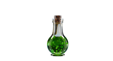 Poison in little bottle green color and few bubbles wooden cork evil witch potion 3D rendering