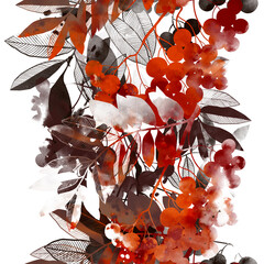 Winter bouquet: berries and leaves endless motif. Digital art and watercolour, ink texture. Seamless pattern for packaging, scrapbooking, textile. Modern art-deco.  - 658251659
